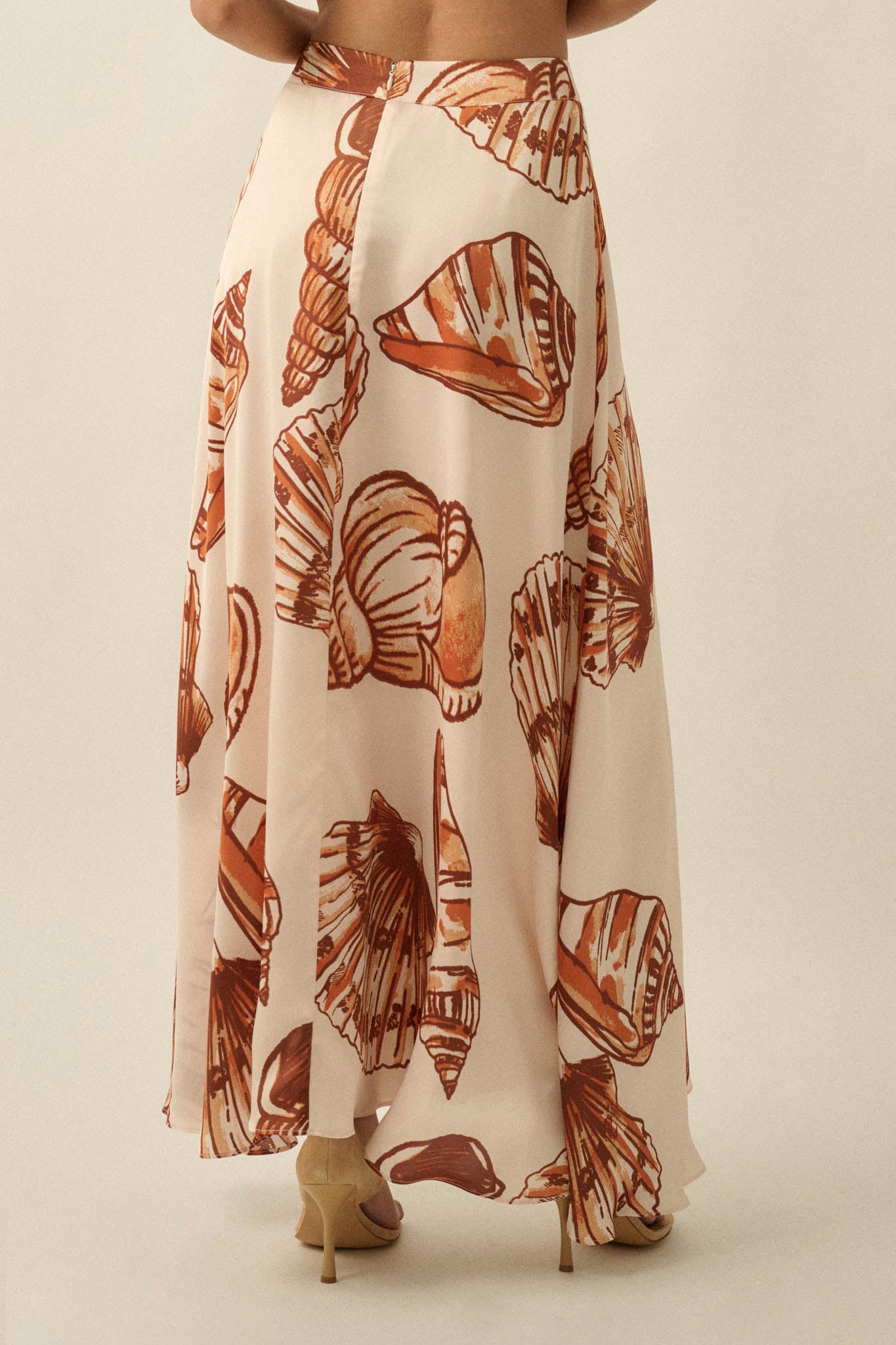 Enchanted Cove Shell-Print Satin A-Line Maxi Skirt - ShopPromesa