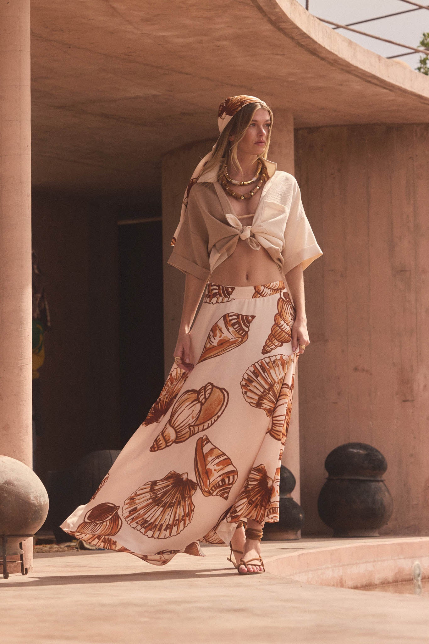 Enchanted Cove Shell-Print Satin A-Line Maxi Skirt - ShopPromesa