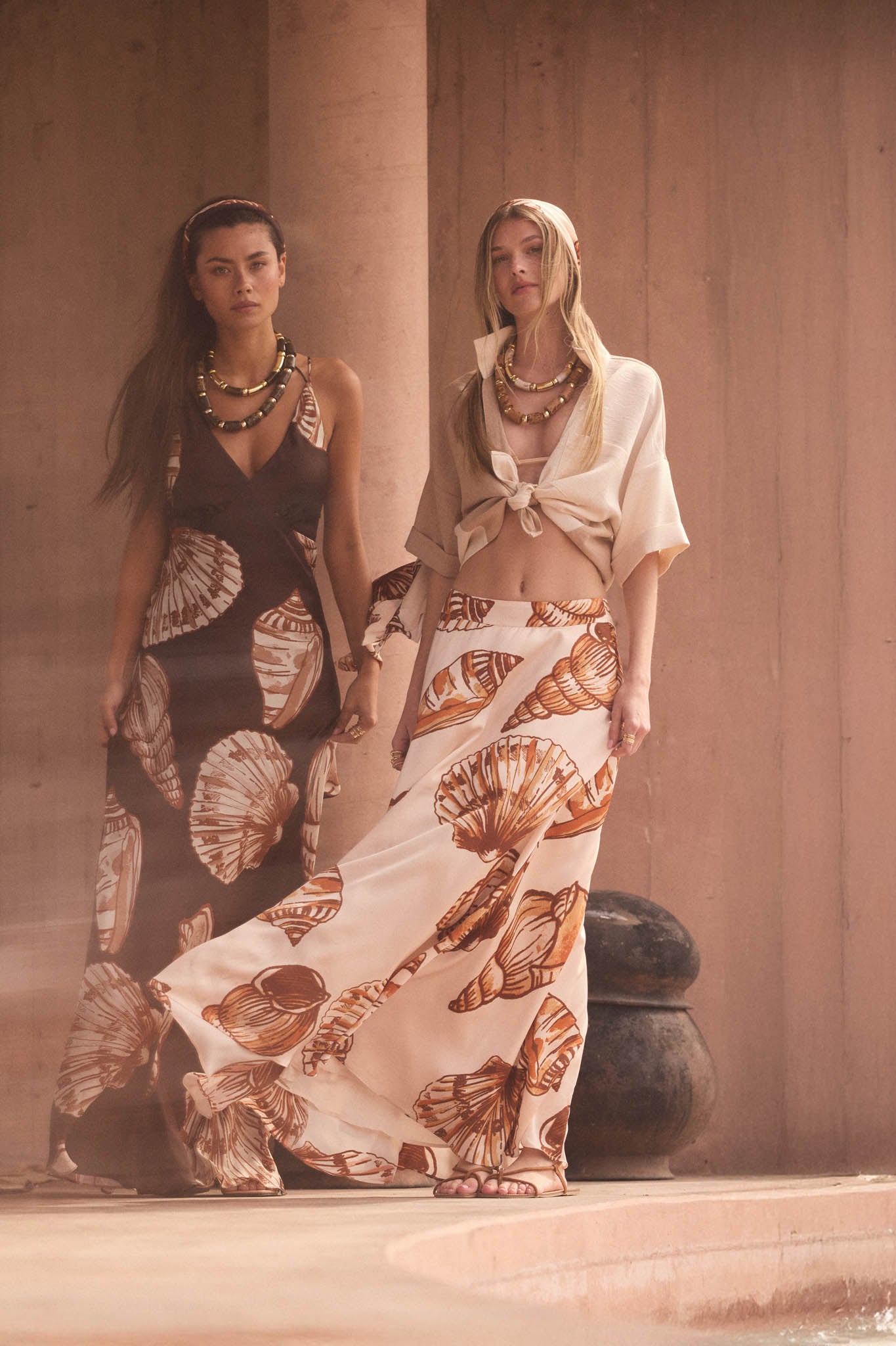 Enchanted Cove Shell-Print Satin A-Line Maxi Skirt - ShopPromesa