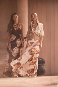 Enchanted Cove Shell-Print Satin A-Line Maxi Skirt - ShopPromesa