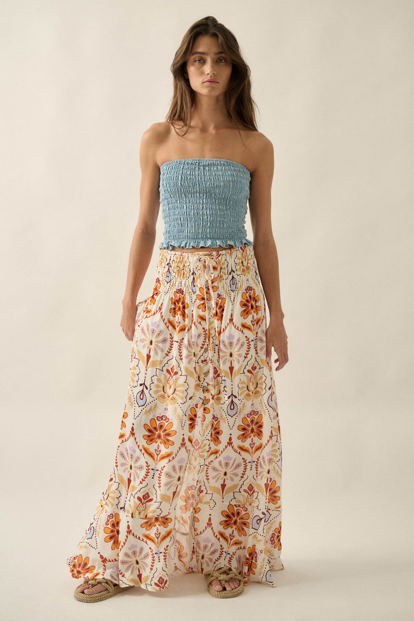 Exotic Garden Medallion-Print Button-Front Maxi Skirt - ShopPromesa