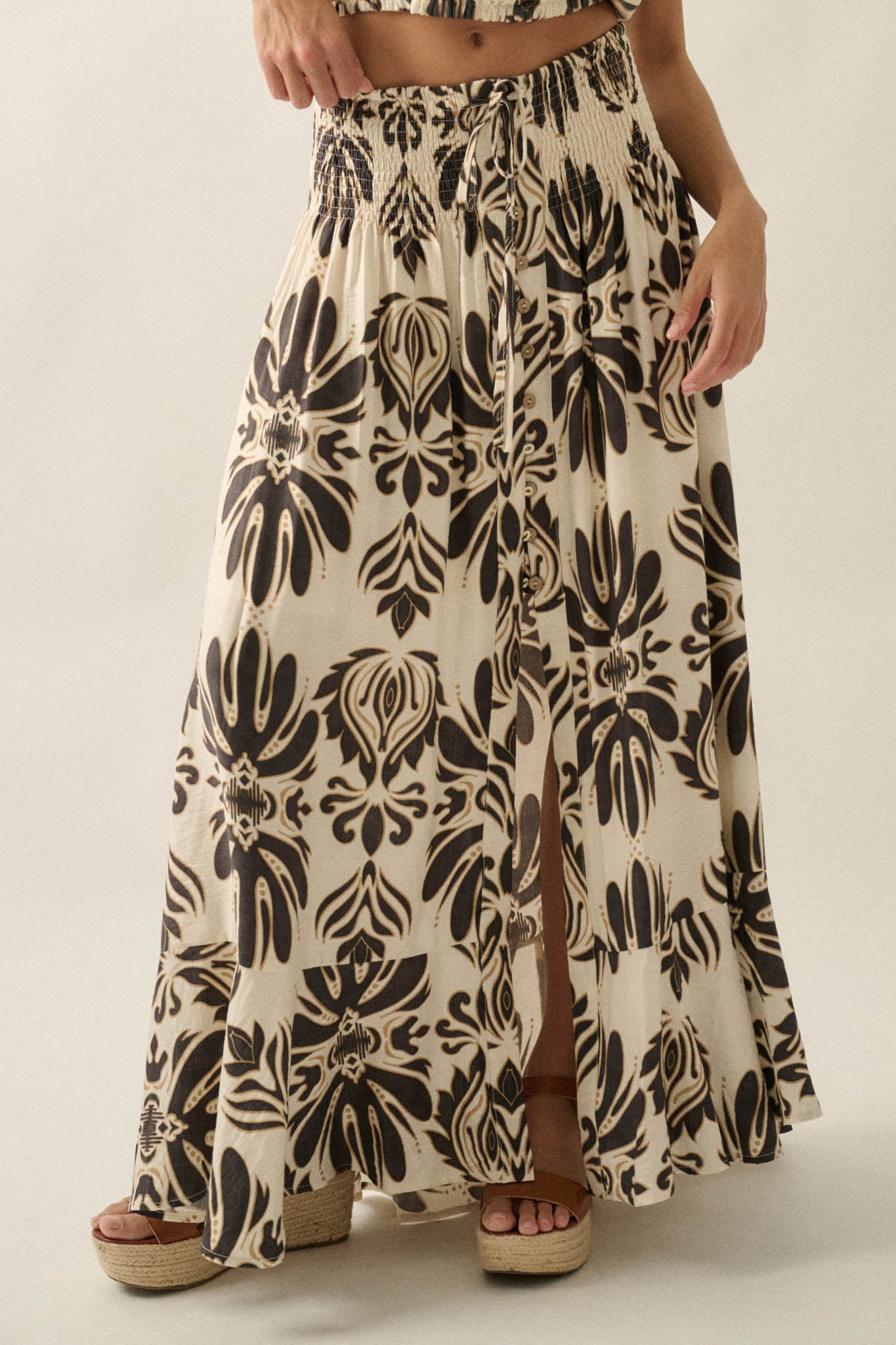 Grand Design Ornate-Print Button-Front Maxi Skirt - ShopPromesa