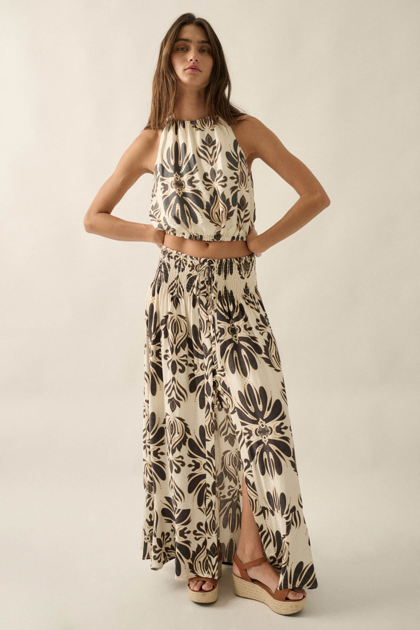 Grand Design Ornate-Print Button-Front Maxi Skirt - ShopPromesa
