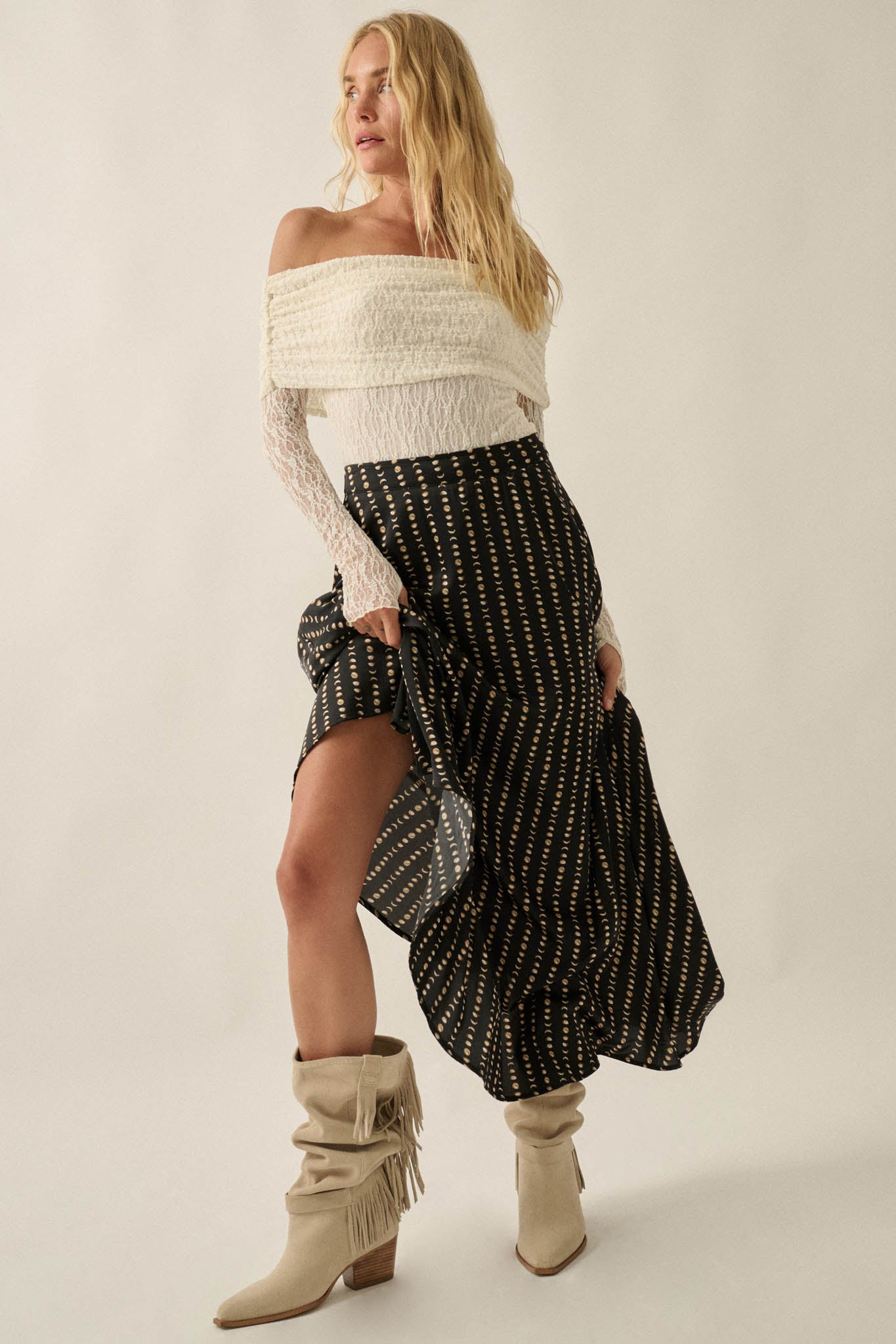 Dans la Lune Moon-Print Satin A-Line Maxi Skirt - ShopPromesa