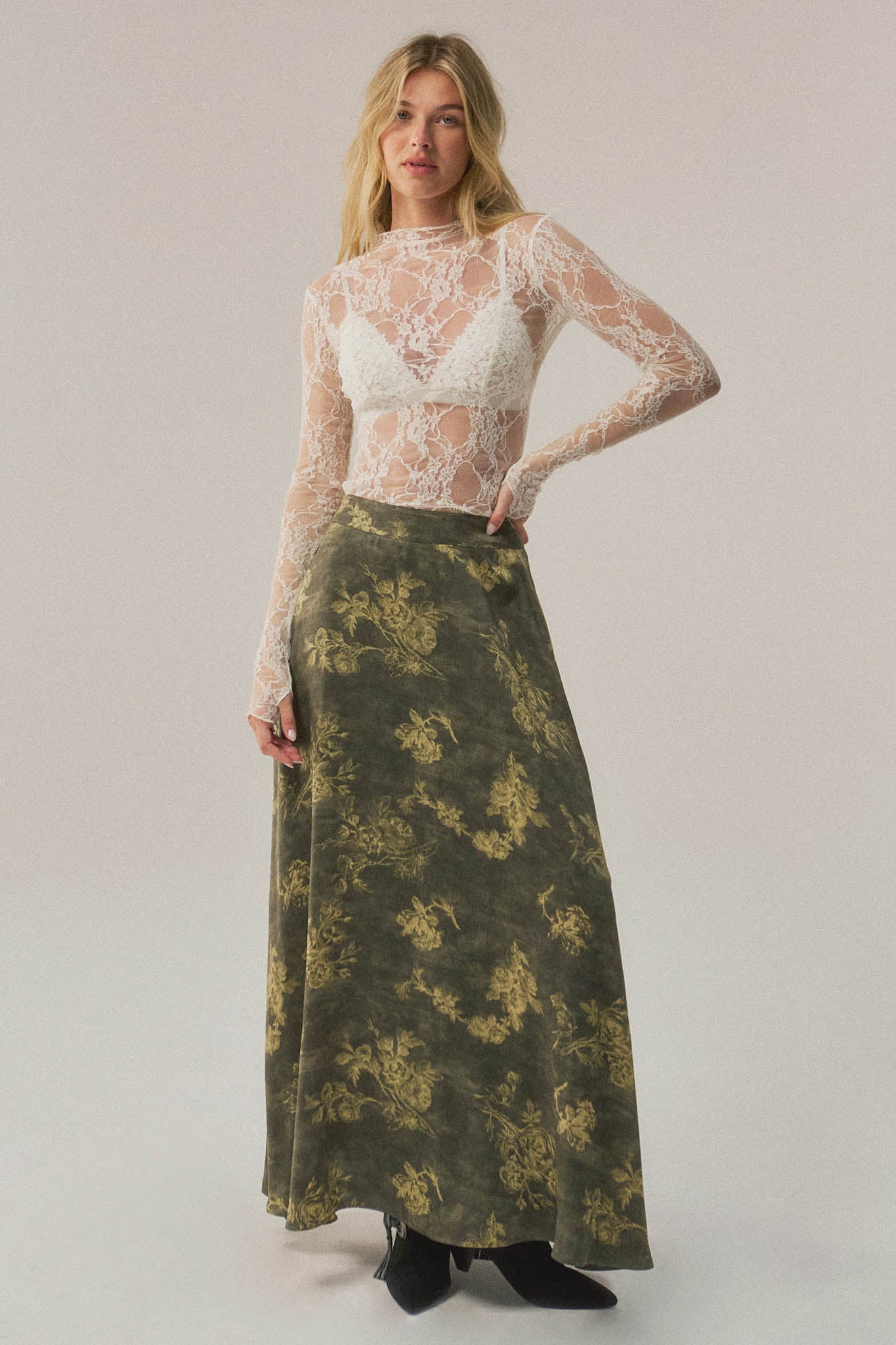 Jade Bouquet Floral Satin A-Line Maxi Skirt - ShopPromesa