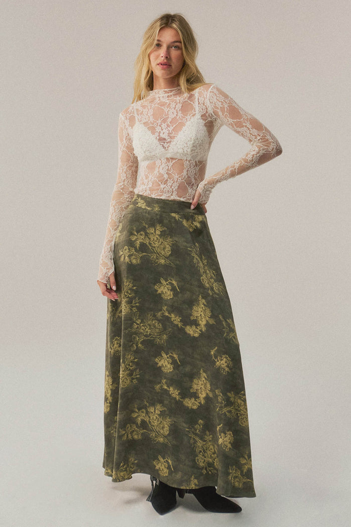 Jade Bouquet Floral Satin A-Line Maxi Skirt - ShopPromesa