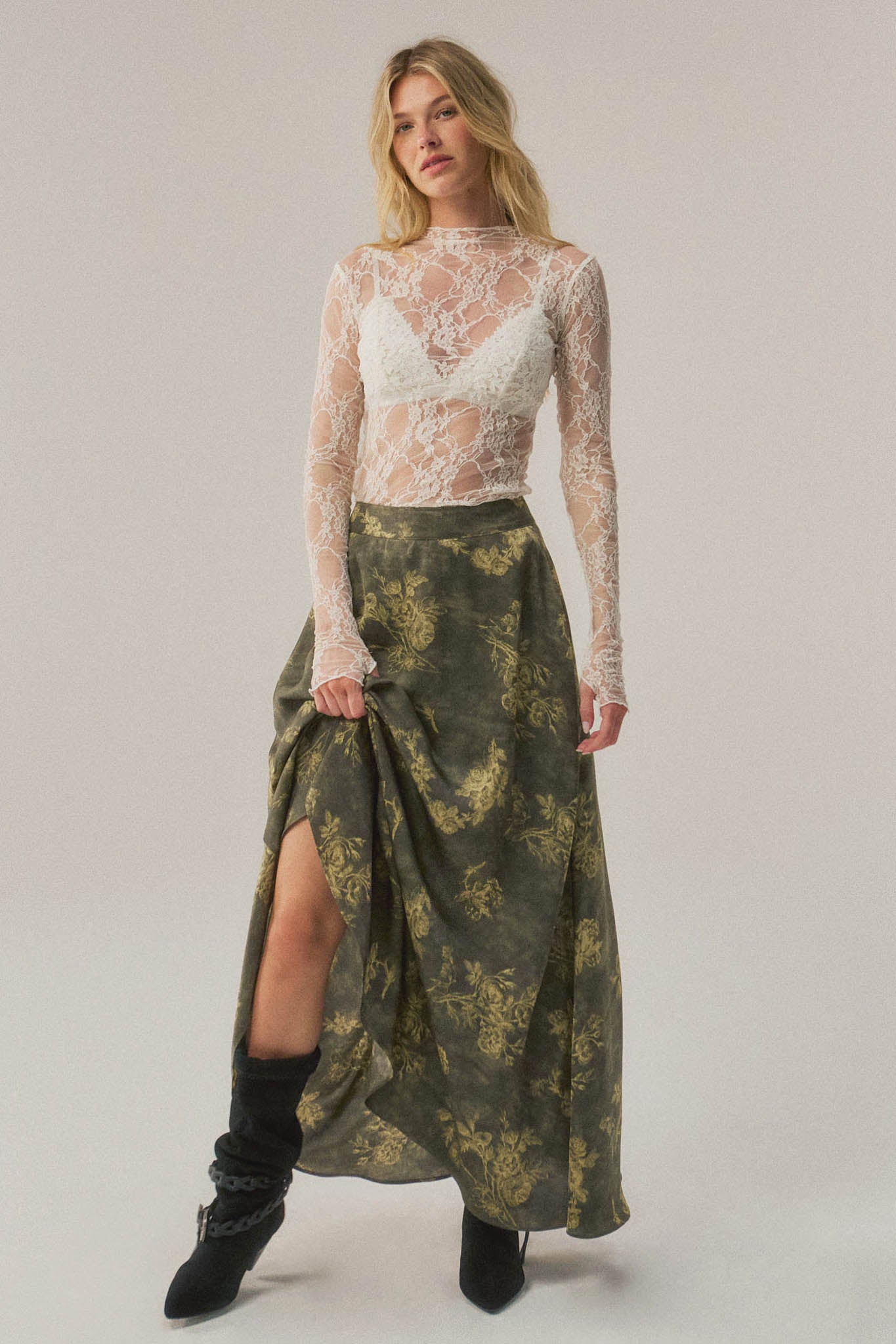 Jade Bouquet Floral Satin A-Line Maxi Skirt - ShopPromesa