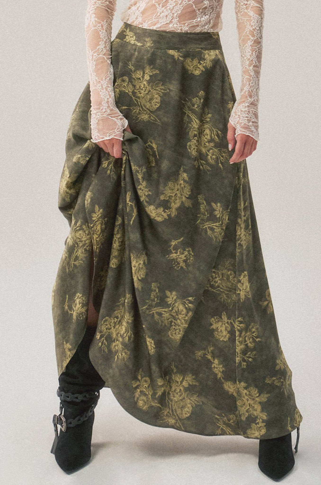 Jade Bouquet Floral Satin A-Line Maxi Skirt - ShopPromesa