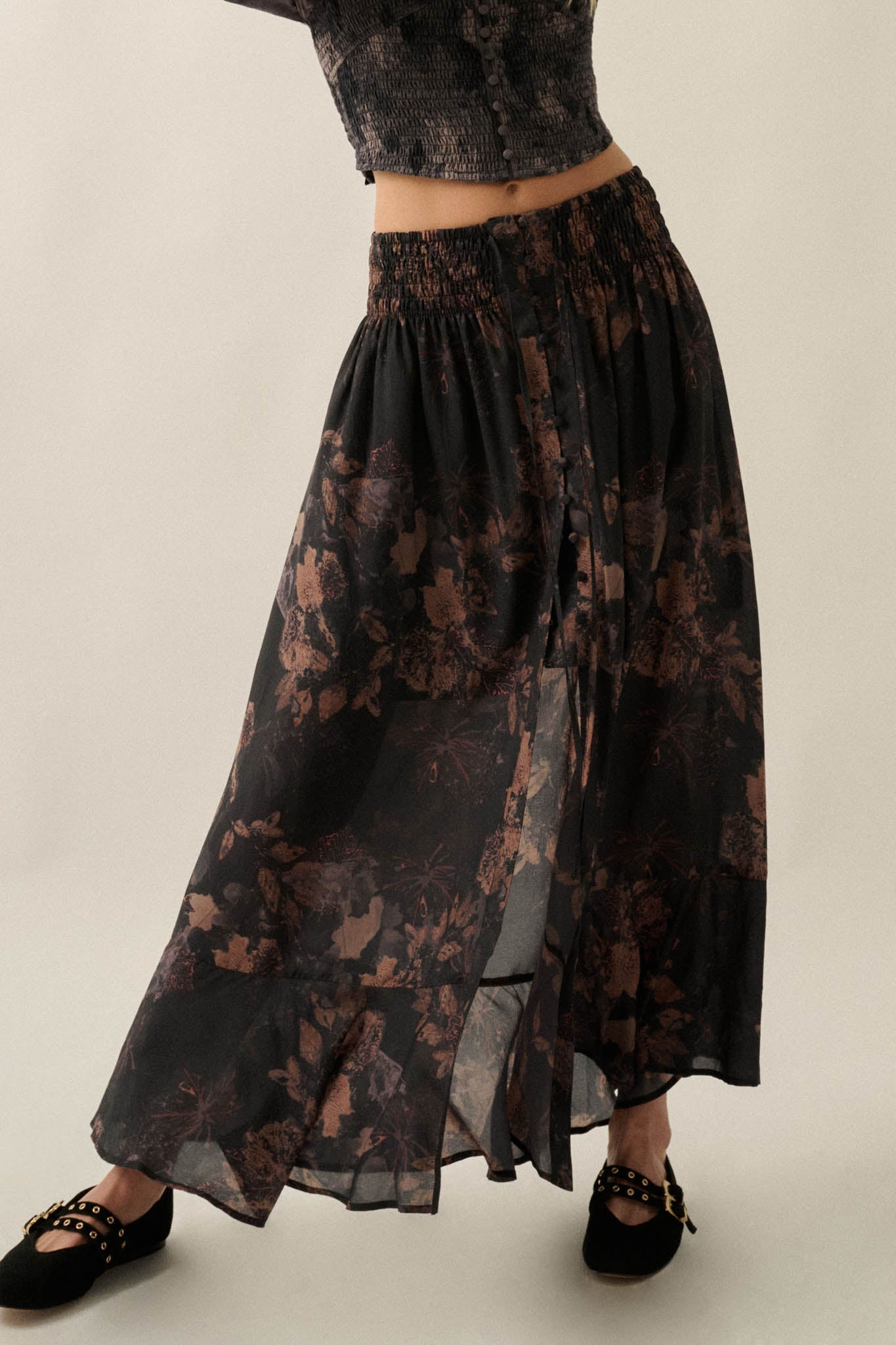 After the Rain Floral Chiffon Button-Up Maxi Skirt - ShopPromesa