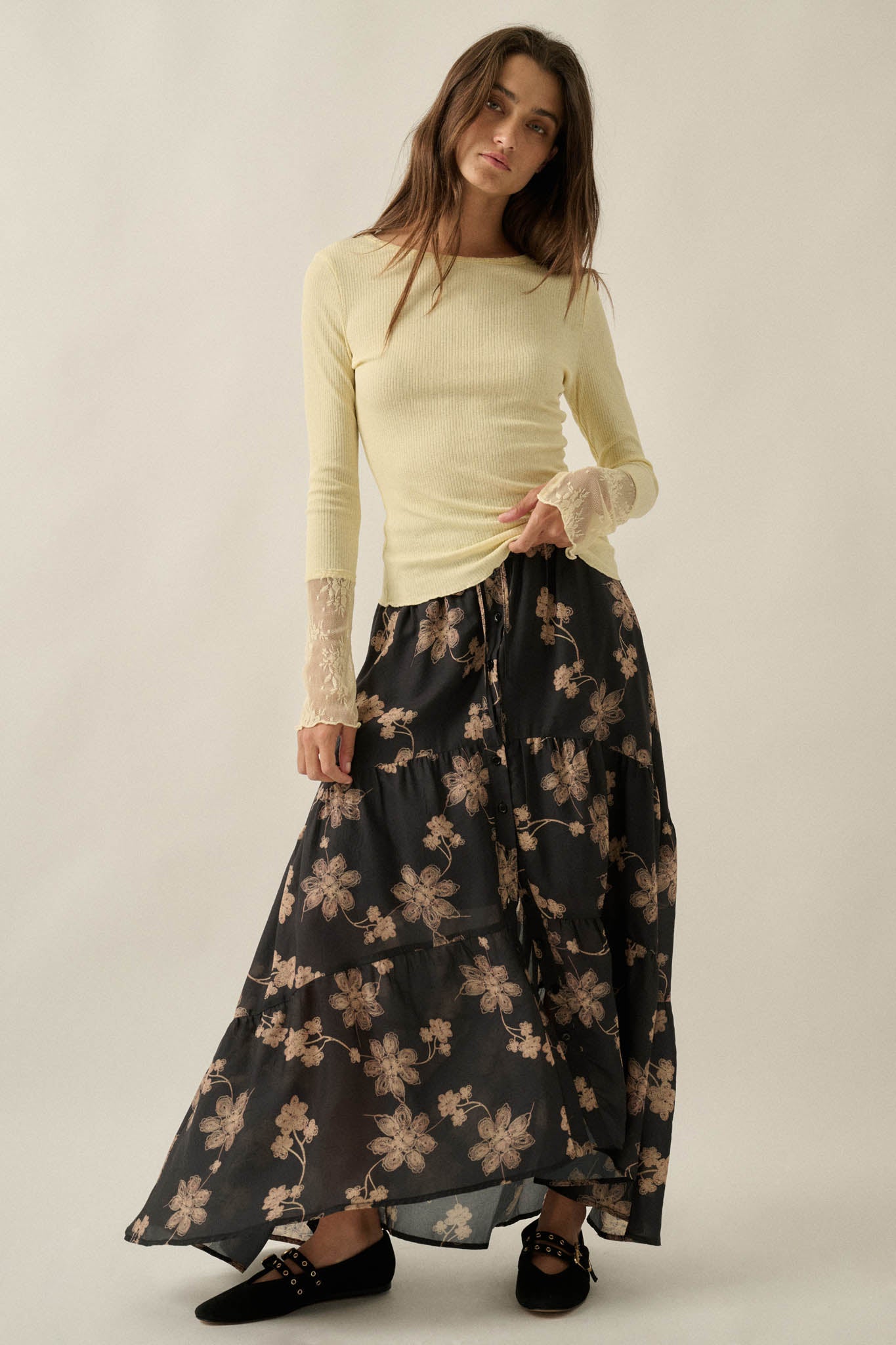 Timeless Blooms Floral Tiered Ruffle Buttoned Maxi Skirt - ShopPromesa