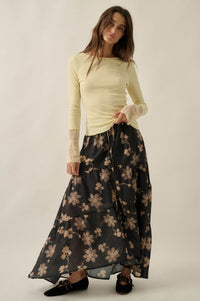 Timeless Blooms Floral Tiered Ruffle Buttoned Maxi Skirt - ShopPromesa
