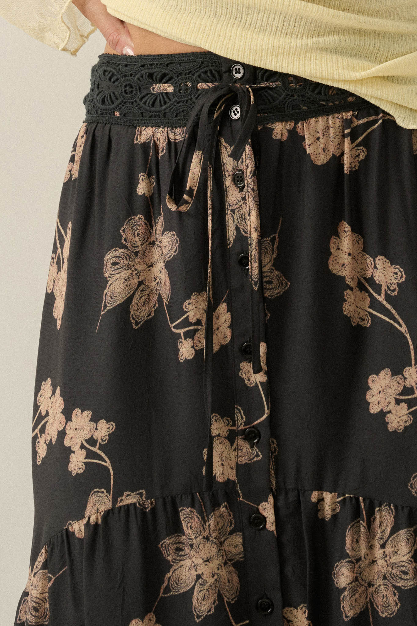 Timeless Blooms Floral Tiered Ruffle Buttoned Maxi Skirt - ShopPromesa