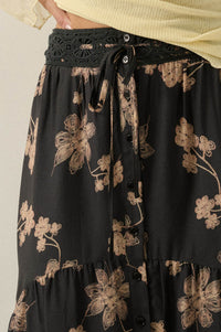 Timeless Blooms Floral Tiered Ruffle Buttoned Maxi Skirt - ShopPromesa