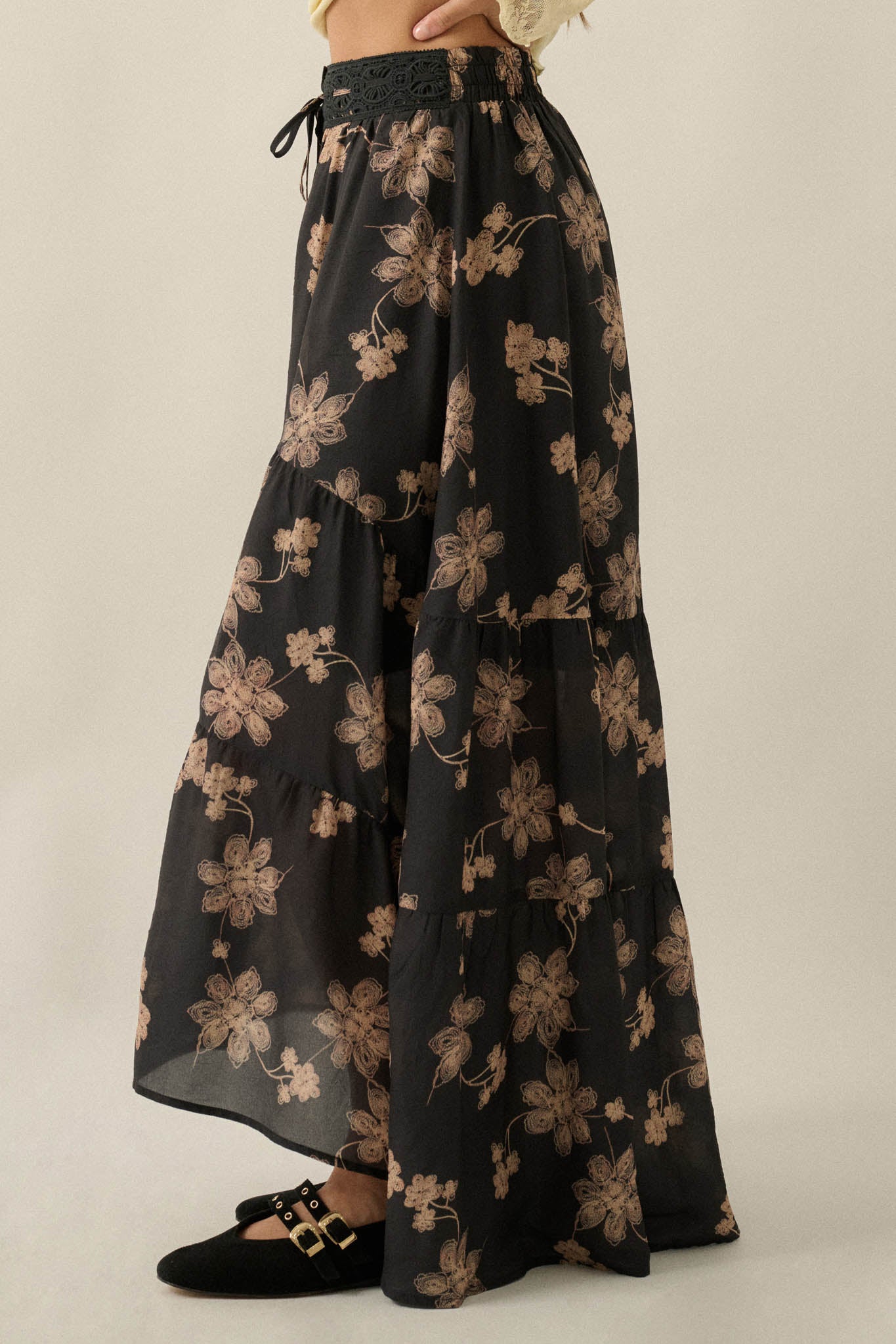Timeless Blooms Floral Tiered Ruffle Buttoned Maxi Skirt - ShopPromesa