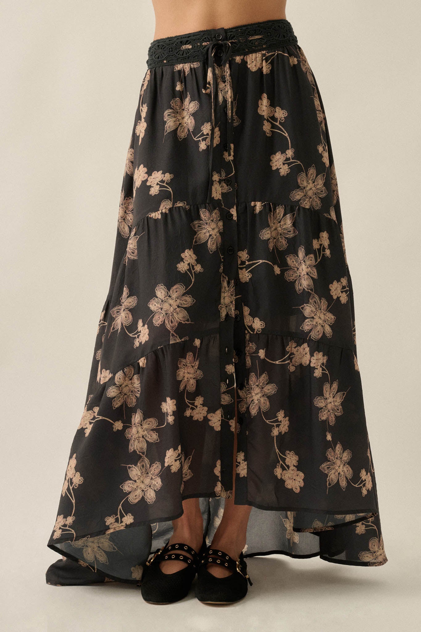 Timeless Blooms Floral Tiered Ruffle Buttoned Maxi Skirt - ShopPromesa