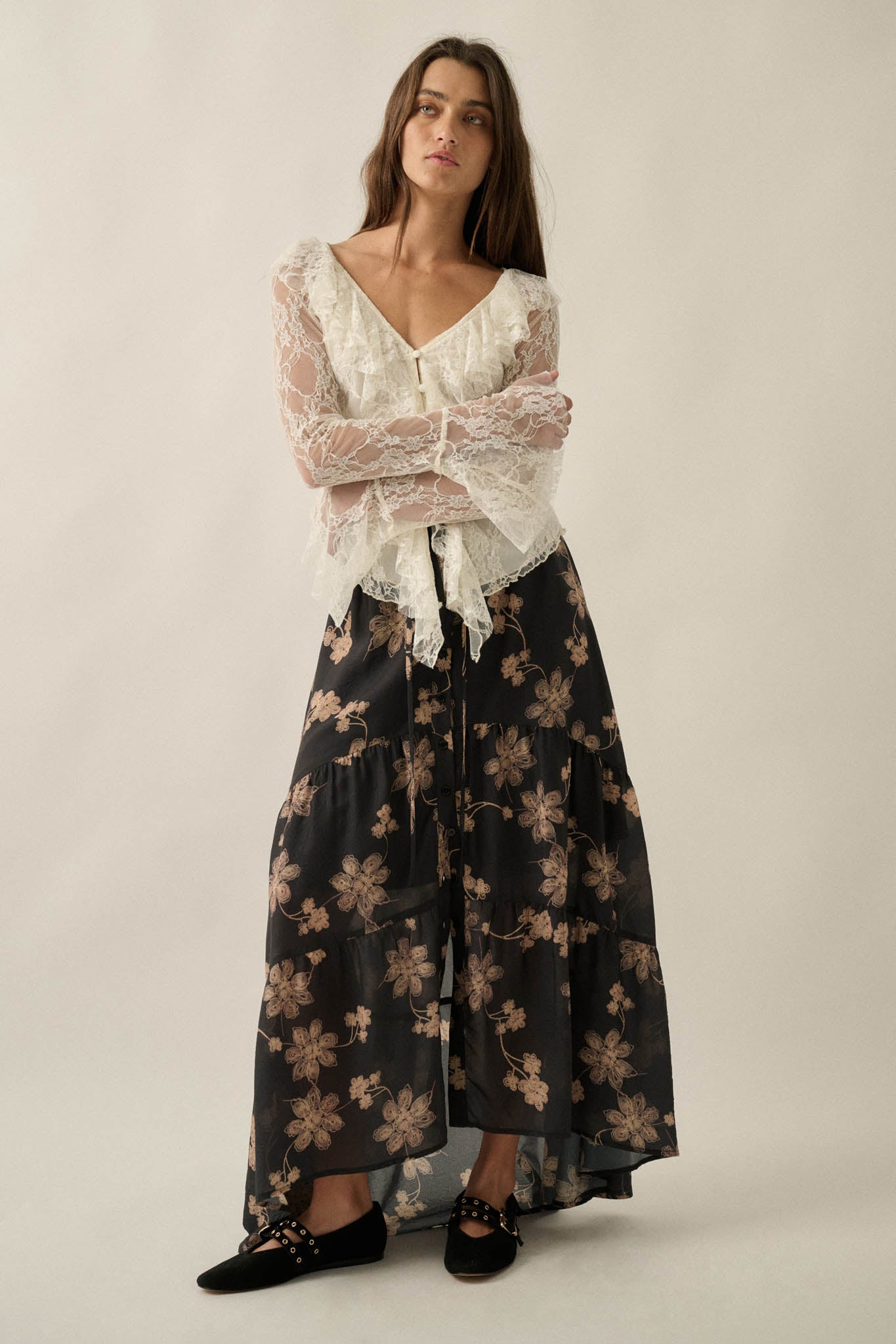Timeless Blooms Floral Tiered Ruffle Buttoned Maxi Skirt - ShopPromesa