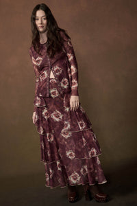 Burgundy Blossoms Floral Mesh Side-Ruffle Maxi Skirt - ShopPromesa