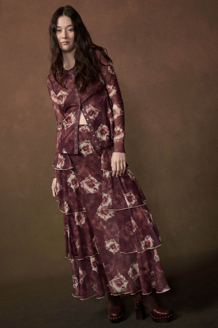 Burgundy Blossoms Floral Mesh Side-Ruffle Maxi Skirt - ShopPromesa