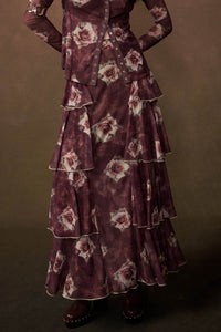 Burgundy Blossoms Floral Mesh Side-Ruffle Maxi Skirt - ShopPromesa