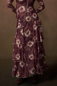 Burgundy Blossoms Floral Mesh Side-Ruffle Maxi Skirt - ShopPromesa