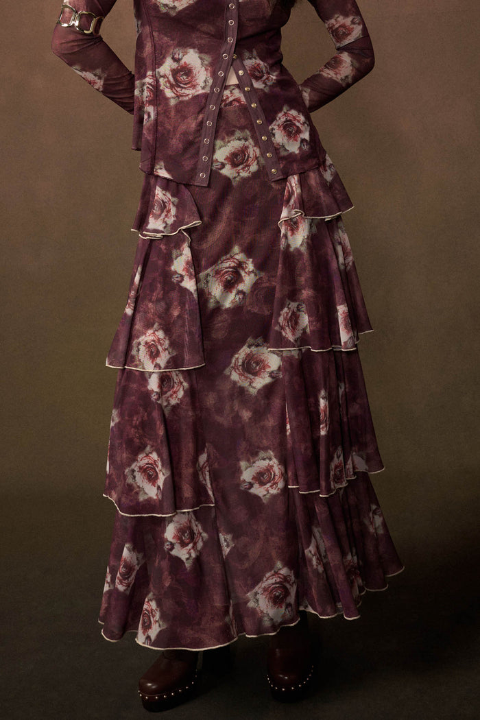 Burgundy Blossoms Floral Mesh Side-Ruffle Maxi Skirt - ShopPromesa