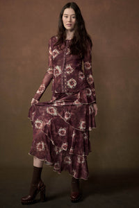Burgundy Blossoms Floral Mesh Side-Ruffle Maxi Skirt - ShopPromesa