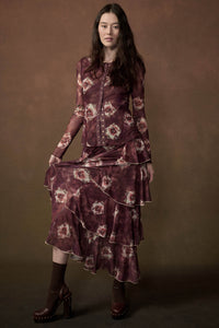 Burgundy Blossoms Floral Mesh Side-Ruffle Maxi Skirt - ShopPromesa