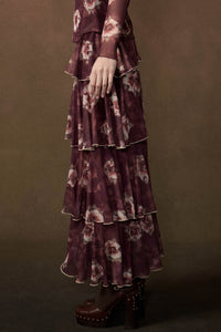 Burgundy Blossoms Floral Mesh Side-Ruffle Maxi Skirt - ShopPromesa