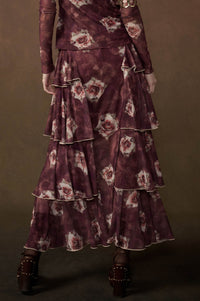 Burgundy Blossoms Floral Mesh Side-Ruffle Maxi Skirt - ShopPromesa