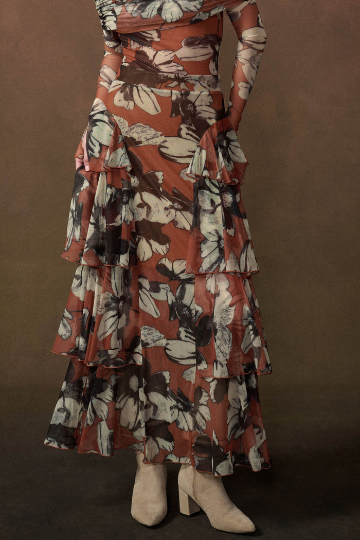 Sienna Sunset Floral Mesh Side-Ruffle Maxi Skirt - ShopPromesa