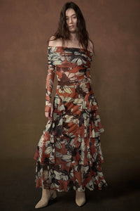 Sienna Sunset Floral Mesh Side-Ruffle Maxi Skirt - ShopPromesa