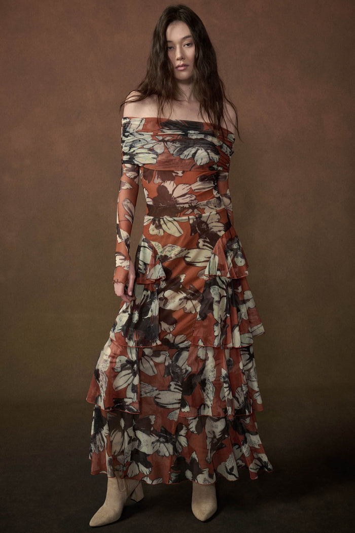 Sienna Sunset Floral Mesh Side-Ruffle Maxi Skirt - ShopPromesa