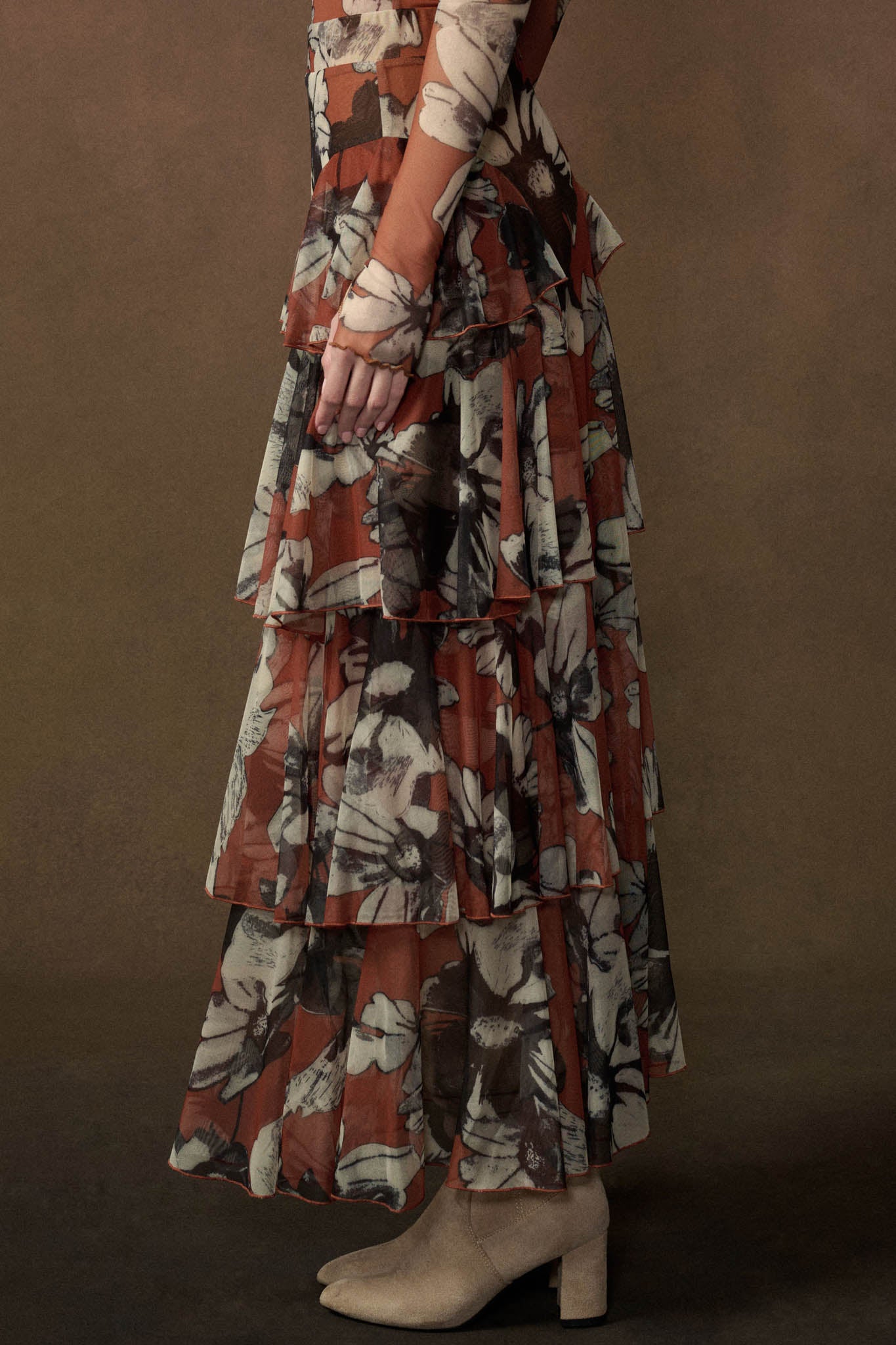 Sienna Sunset Floral Mesh Side-Ruffle Maxi Skirt - ShopPromesa