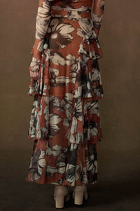 Sienna Sunset Floral Mesh Side-Ruffle Maxi Skirt - ShopPromesa