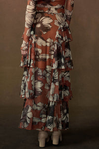 Sienna Sunset Floral Mesh Side-Ruffle Maxi Skirt - ShopPromesa