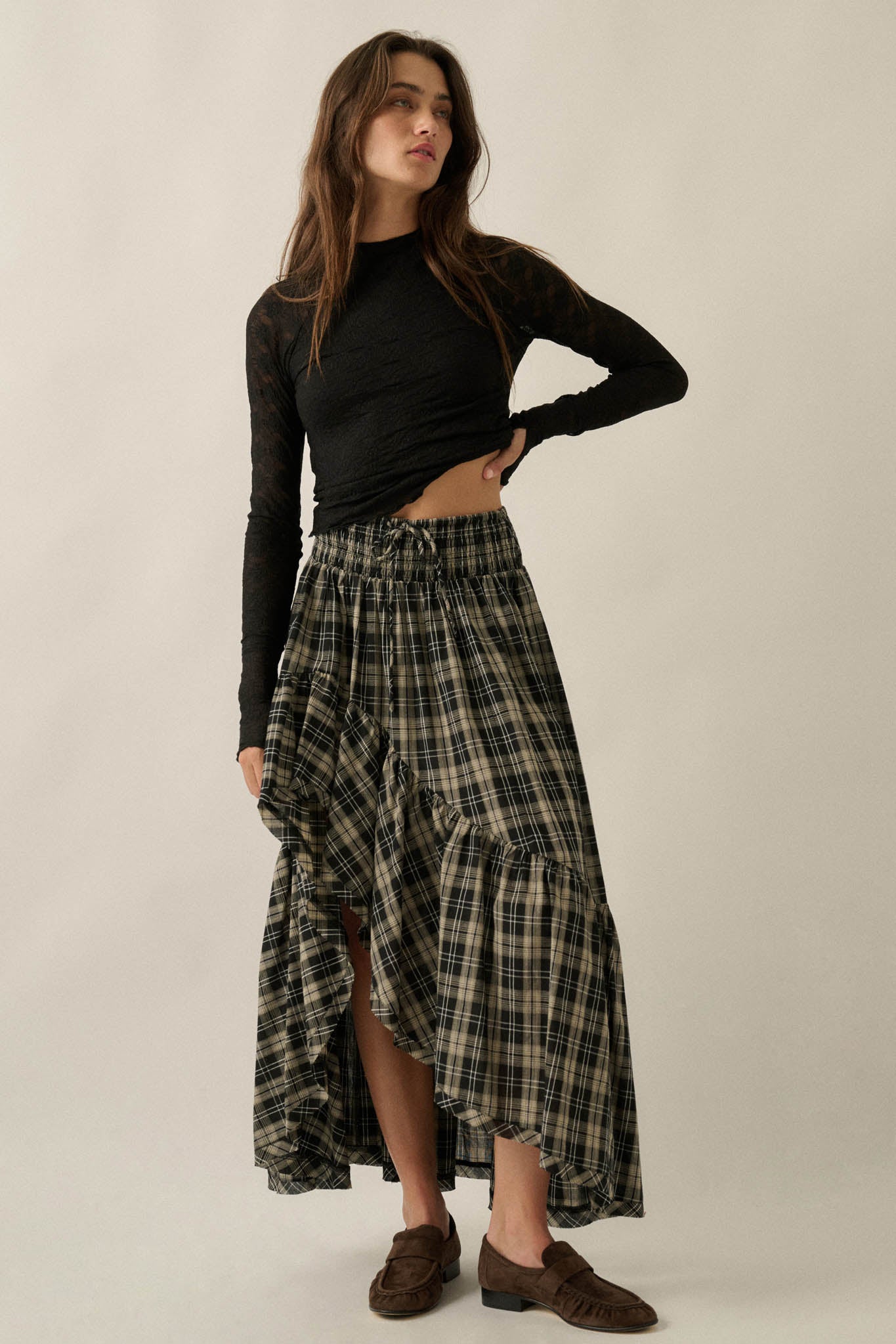 Barn Dance Plaid High-Low Ruffle Maxi Skirt - ShopPromesa