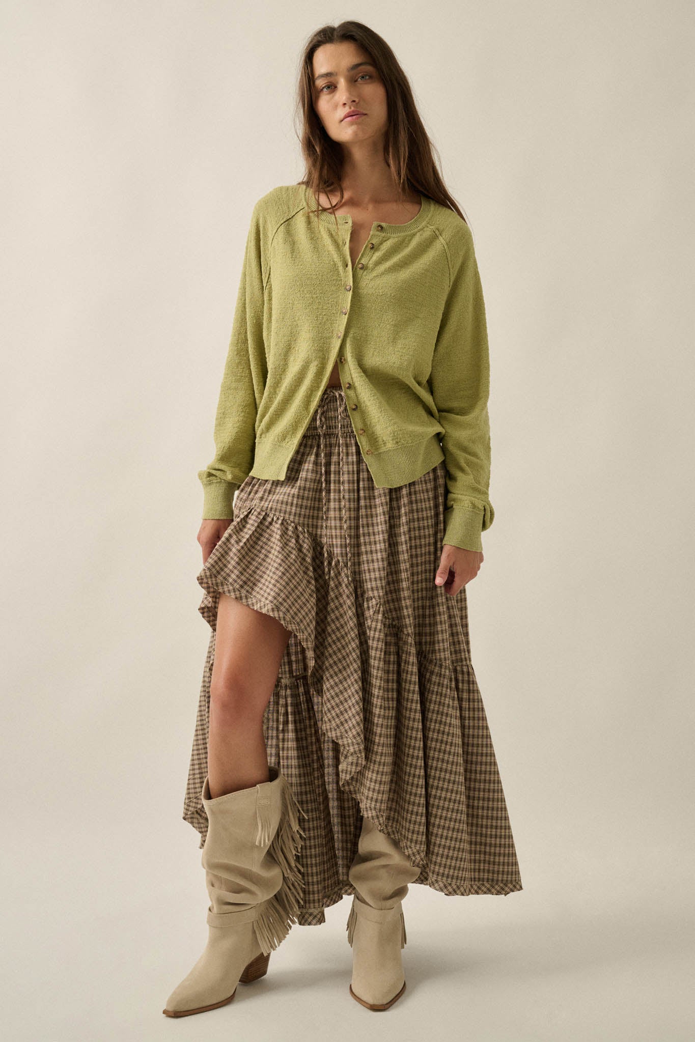 Prairie Song Plaid High-Low Ruffle Maxi Skirt - ShopPromesa