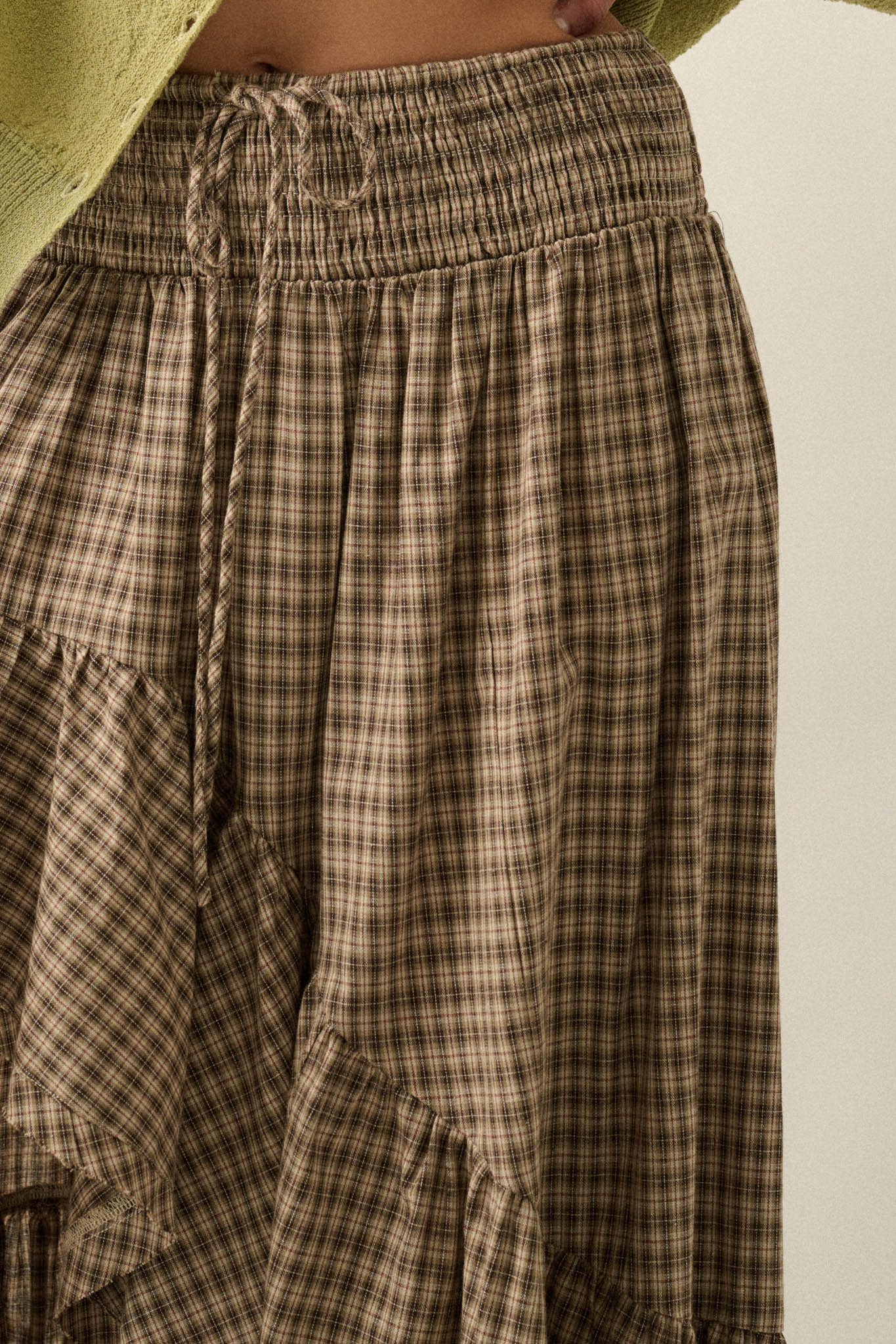 Prairie Song Plaid High-Low Ruffle Maxi Skirt - ShopPromesa