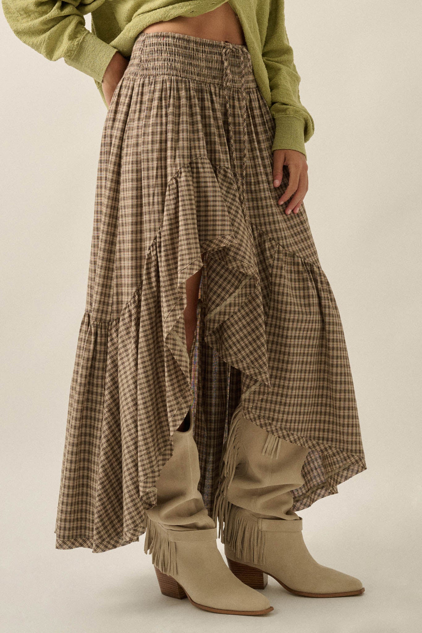 Prairie Song Plaid High-Low Ruffle Maxi Skirt - ShopPromesa