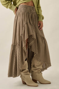 Prairie Song Plaid High-Low Ruffle Maxi Skirt - ShopPromesa