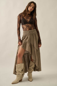 Prairie Song Plaid High-Low Ruffle Maxi Skirt - ShopPromesa