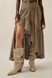 Prairie Song Plaid High-Low Ruffle Maxi Skirt - ShopPromesa
