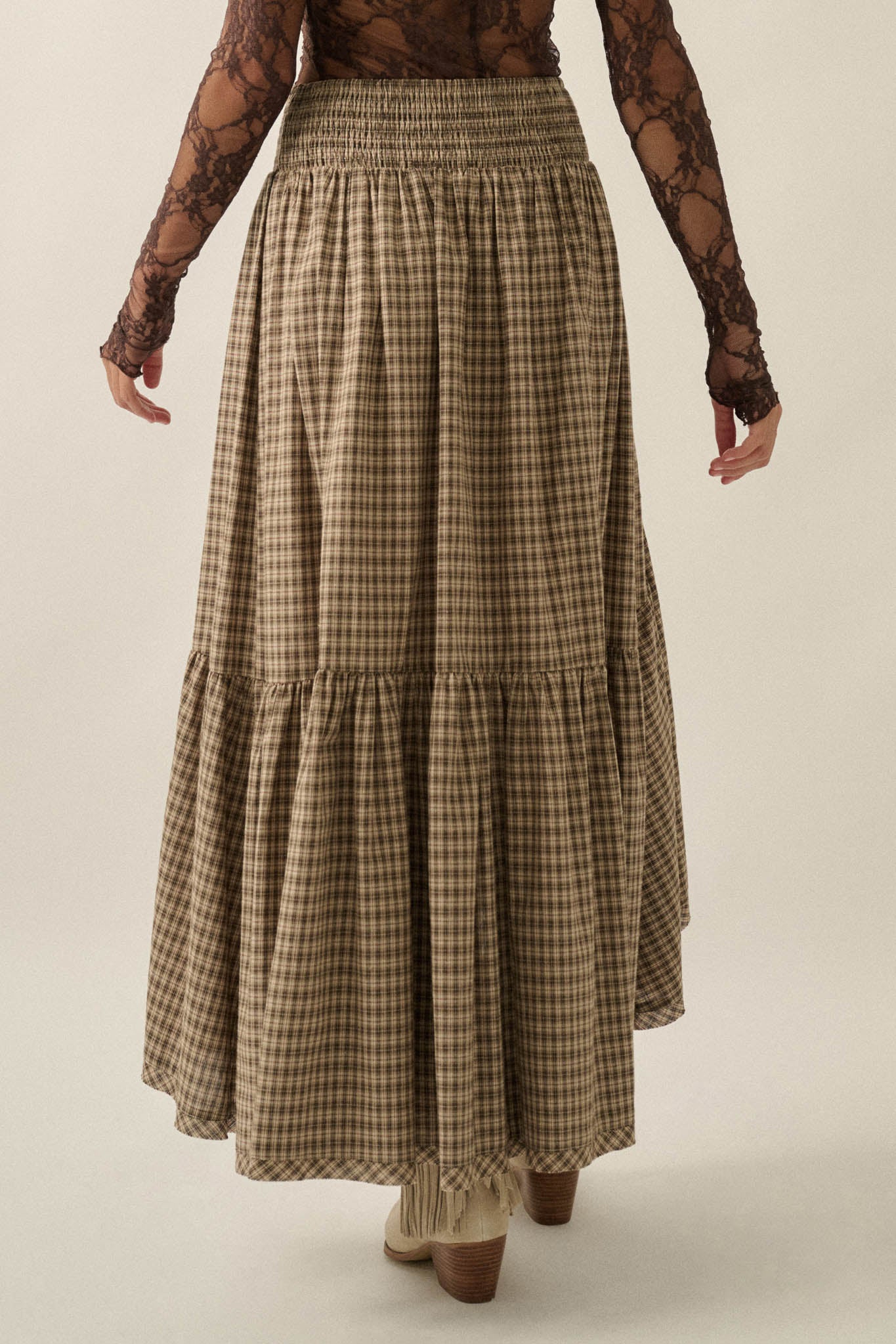 Prairie Song Plaid High-Low Ruffle Maxi Skirt - ShopPromesa