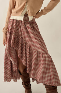 Prairie Song Plaid High-Low Ruffle Maxi Skirt - ShopPromesa