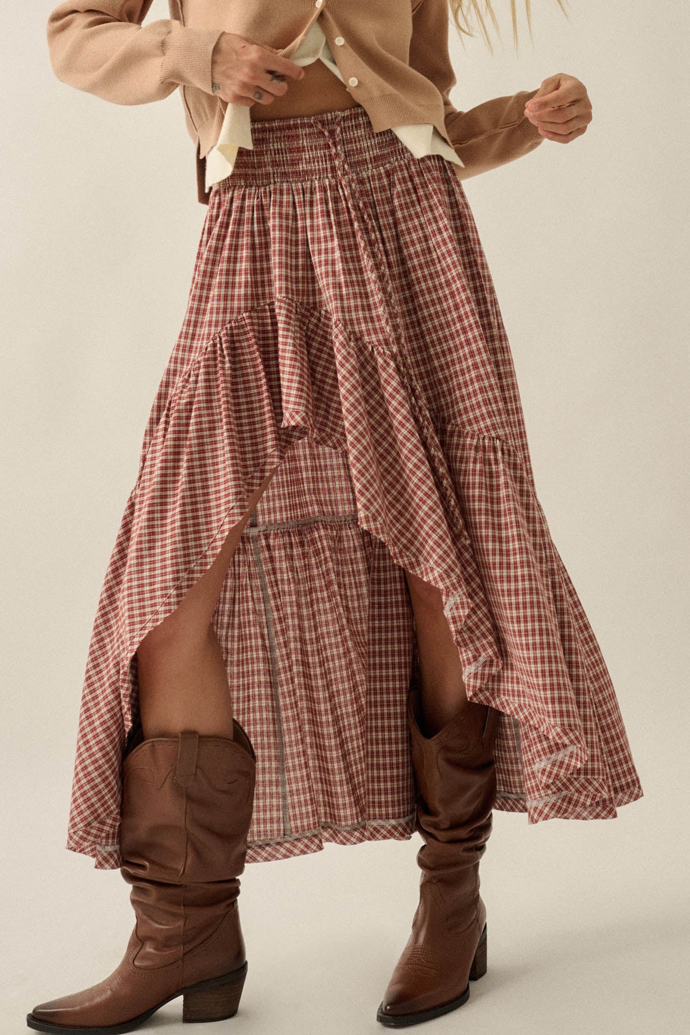 Prairie Song Plaid High-Low Ruffle Maxi Skirt - ShopPromesa