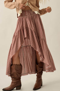 Prairie Song Plaid High-Low Ruffle Maxi Skirt - ShopPromesa