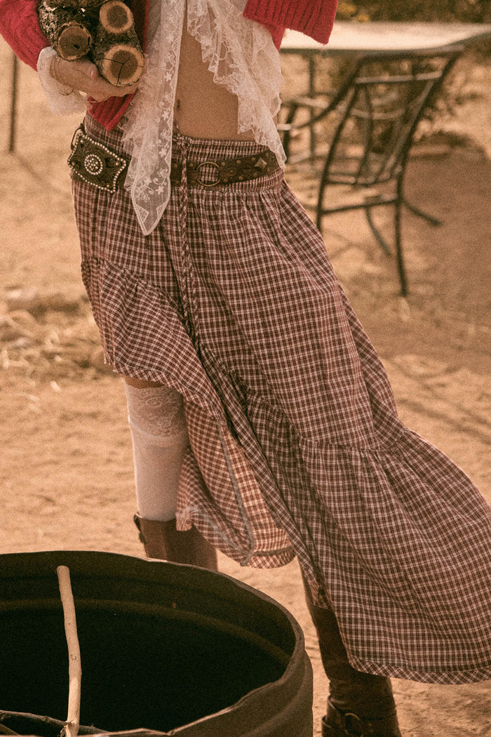 Prairie Song Plaid High-Low Ruffle Maxi Skirt - ShopPromesa