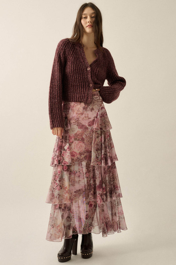 Picture This Floral Mesh Ruffled Cascade Maxi Skirt - ShopPromesa