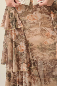 Picture This Floral Mesh Ruffled Cascade Maxi Skirt - ShopPromesa