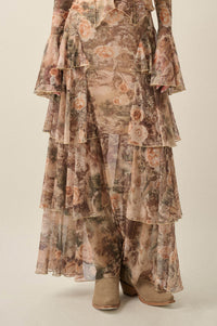 Picture This Floral Mesh Ruffled Cascade Maxi Skirt - ShopPromesa